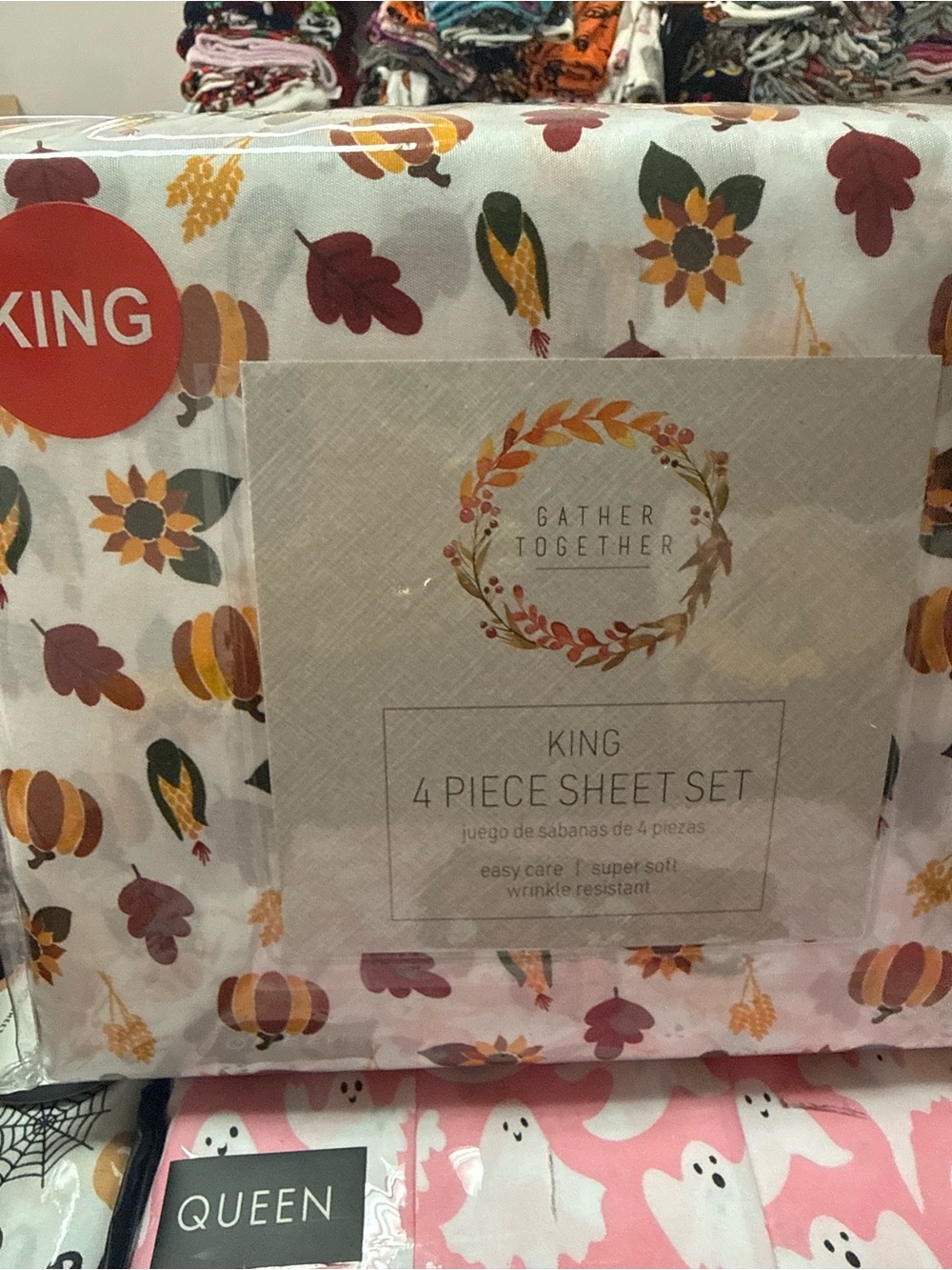 King Sheet Set - White Background with Autumn Floral & Pumpkin Print